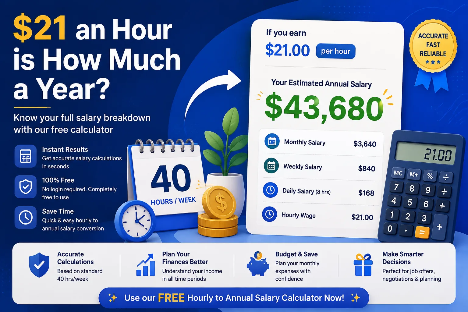 Paycheck and calendar illustrating hourly wage converted to annual salary