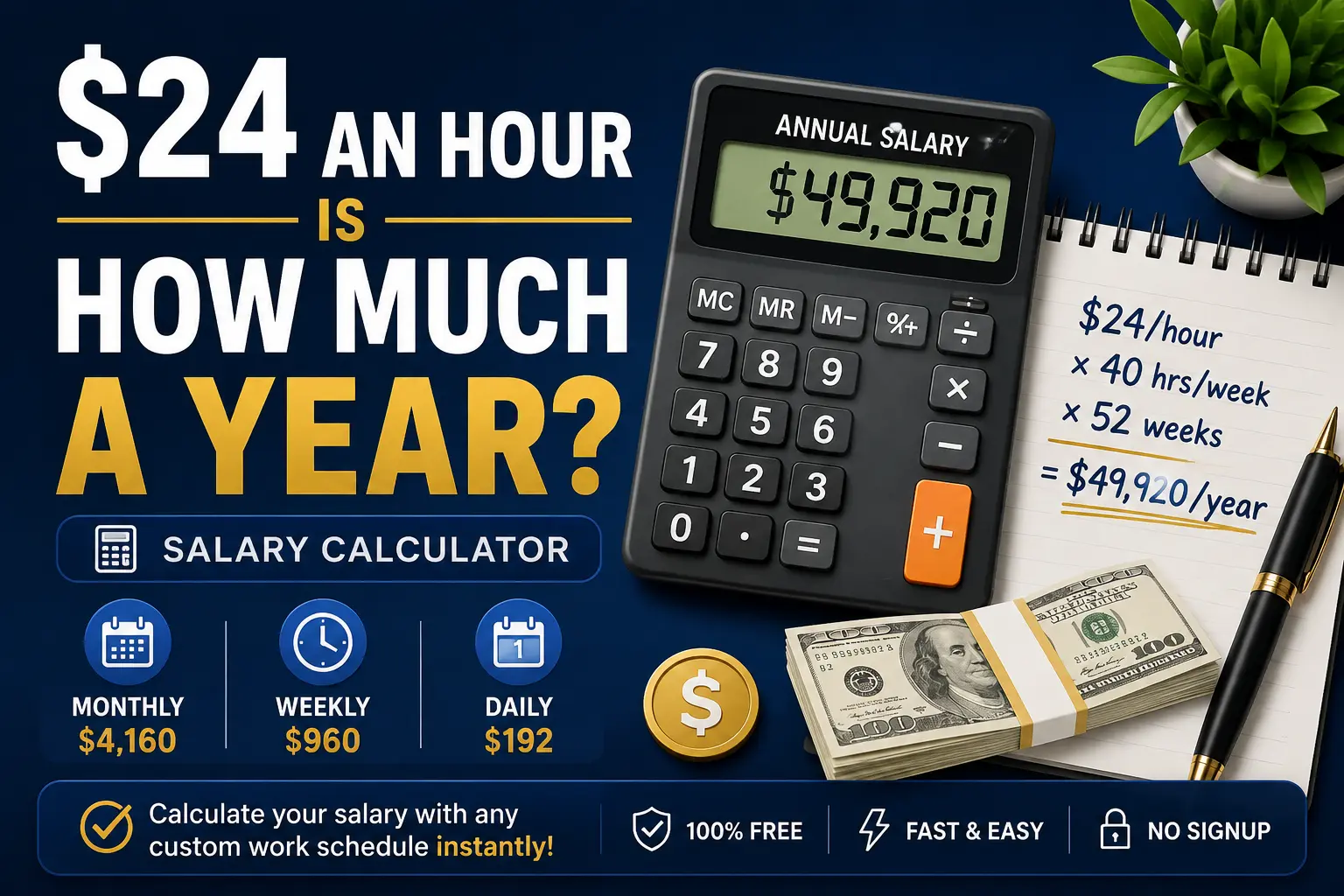 Person reviewing hourly wage and annual salary numbers on a calculator