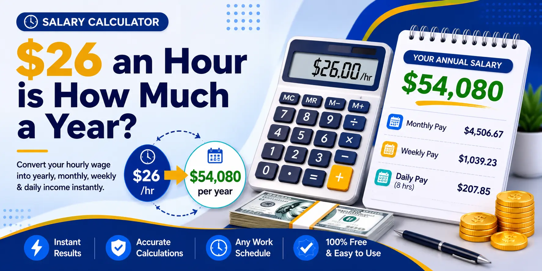 Calculator and paycheck illustrating how a $26 hourly wage converts into annual salary