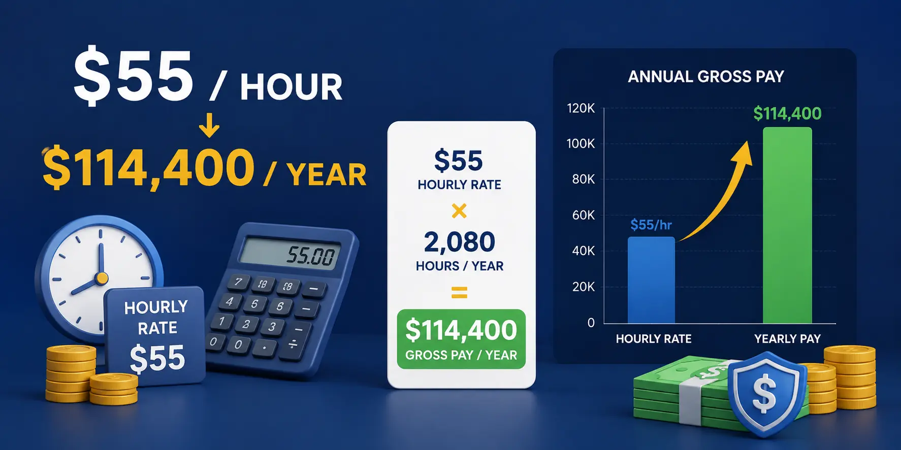 Salary breakdown chart showing $55 an hour converted to yearly, monthly, and weekly pay