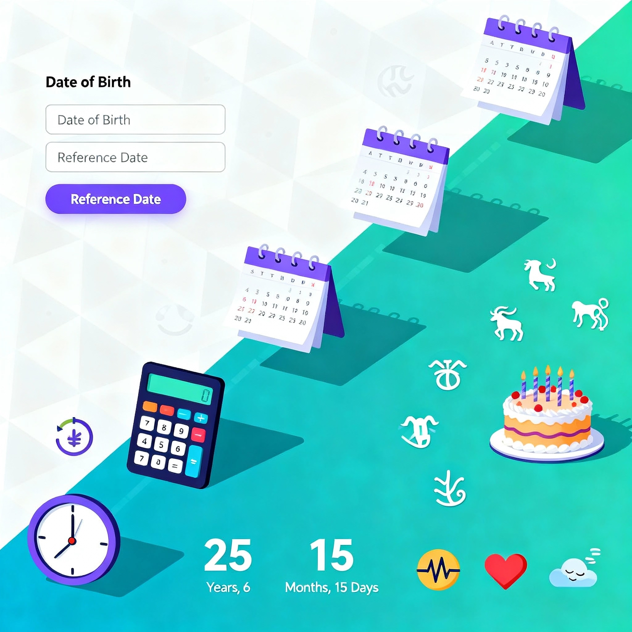 Step by step guide showing how to use age calculator with date inputs and results