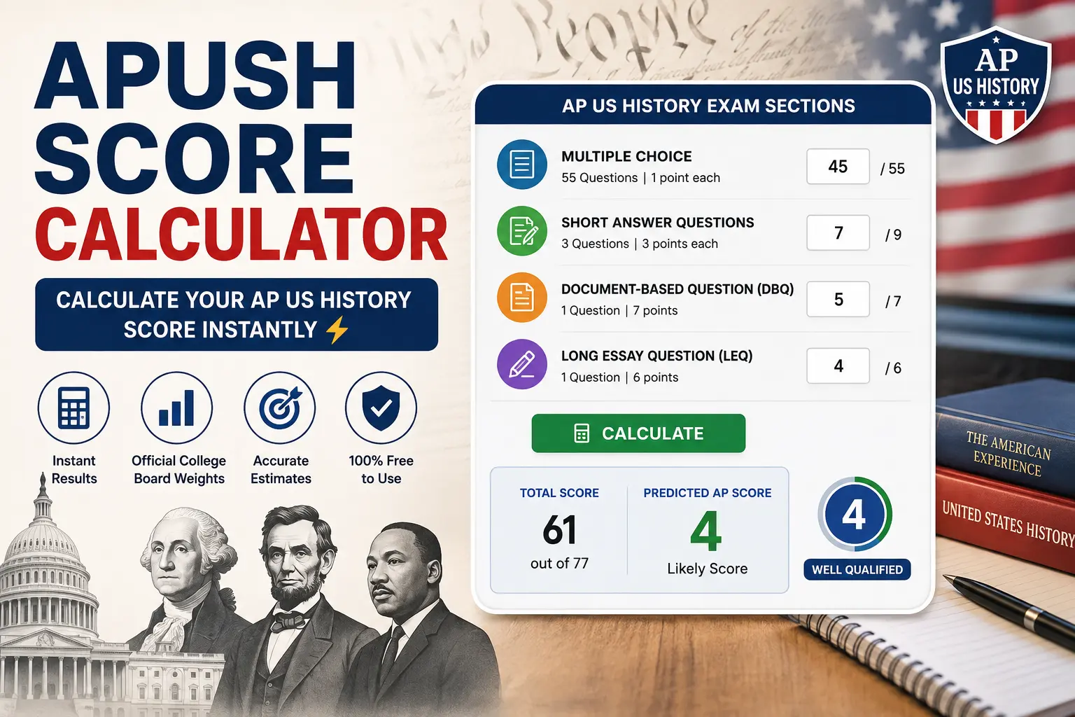 APUSH score calculator - student using AP US History calculator on laptop for exam preparation with study materials and notes