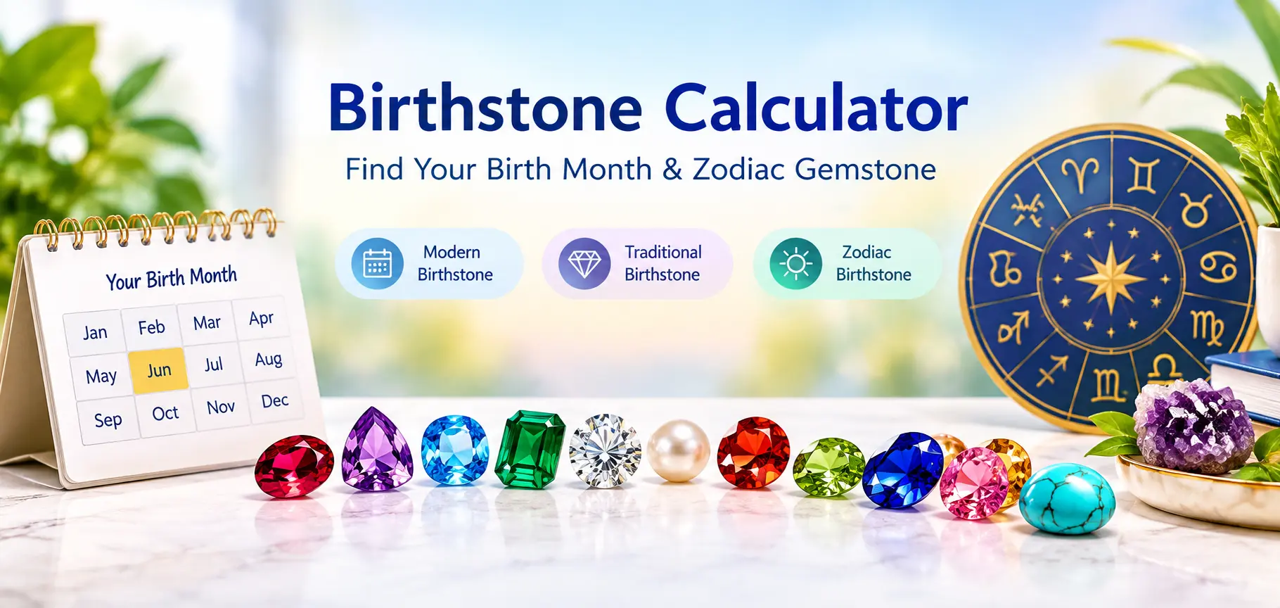 Colorful gemstones representing birthstones for each month of the year
