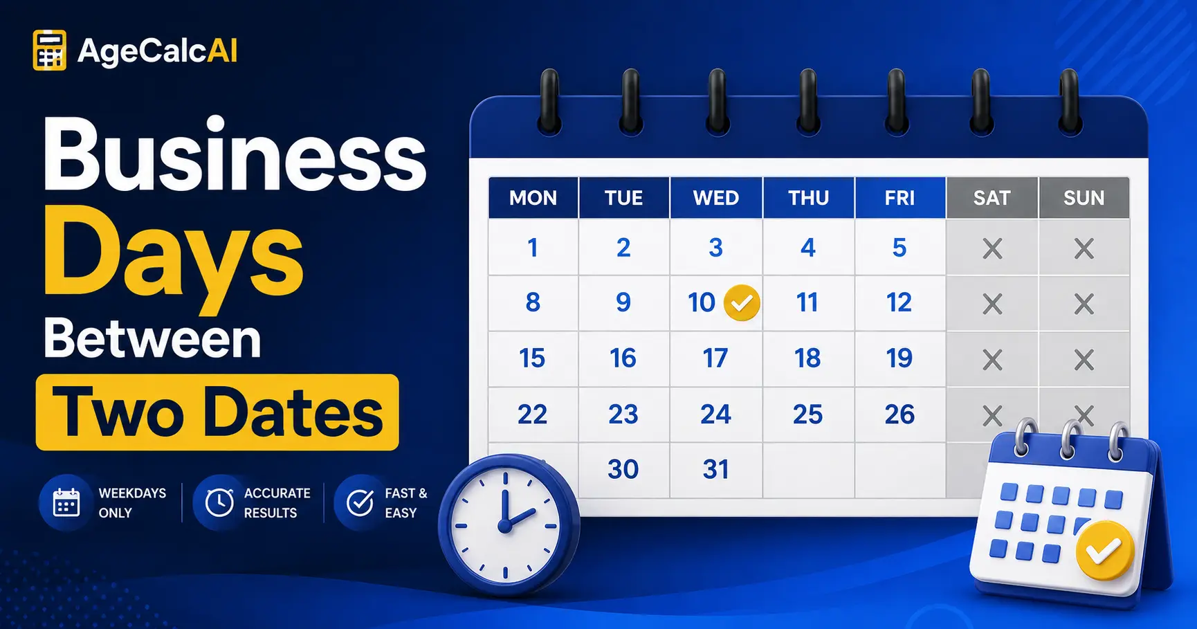 Business days between two dates calculator - calendar showing weekdays counted and weekends excluded