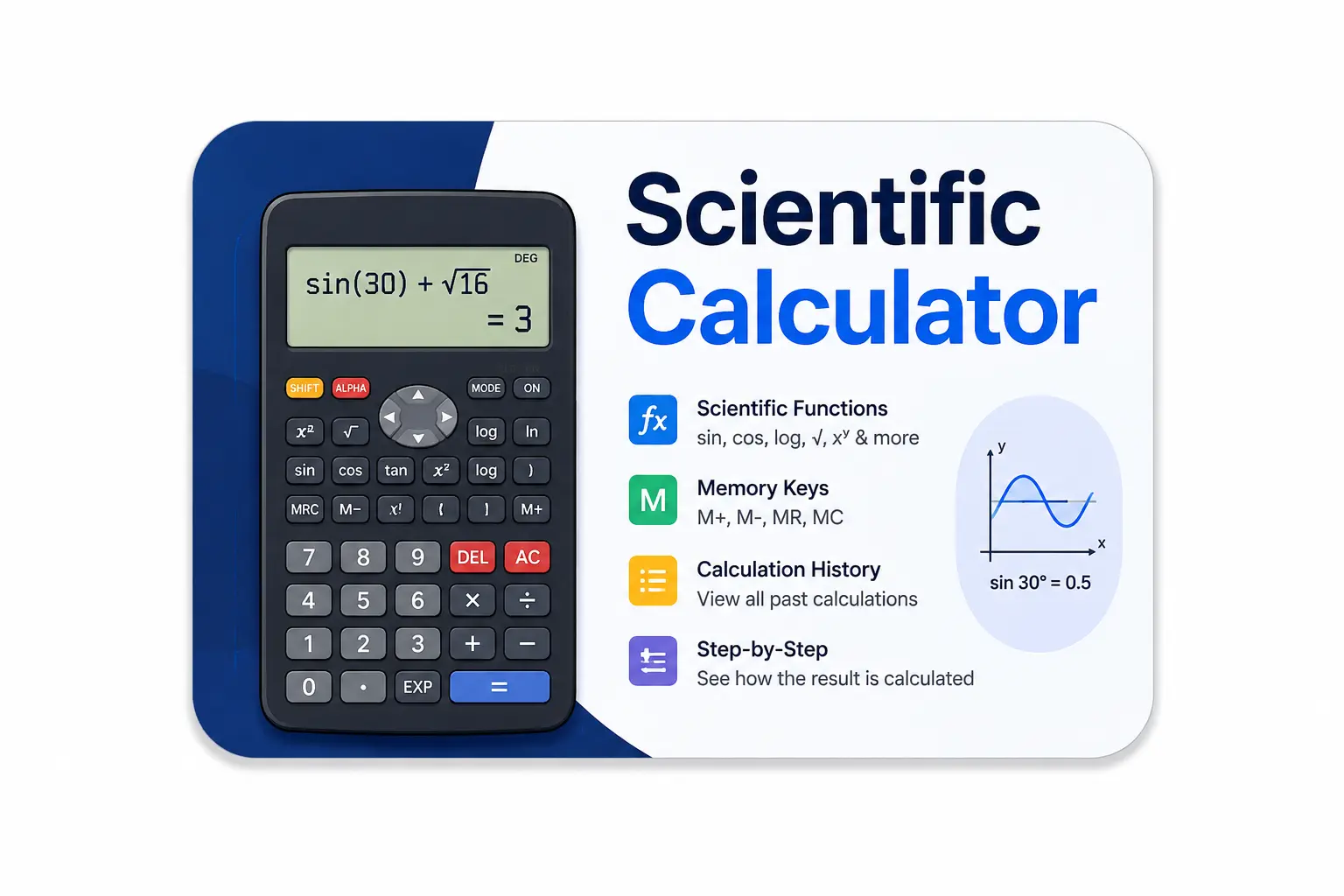 Online calculator 2026 showing scientific calculator online with sin cos tan log functions and step-by-step results on screen