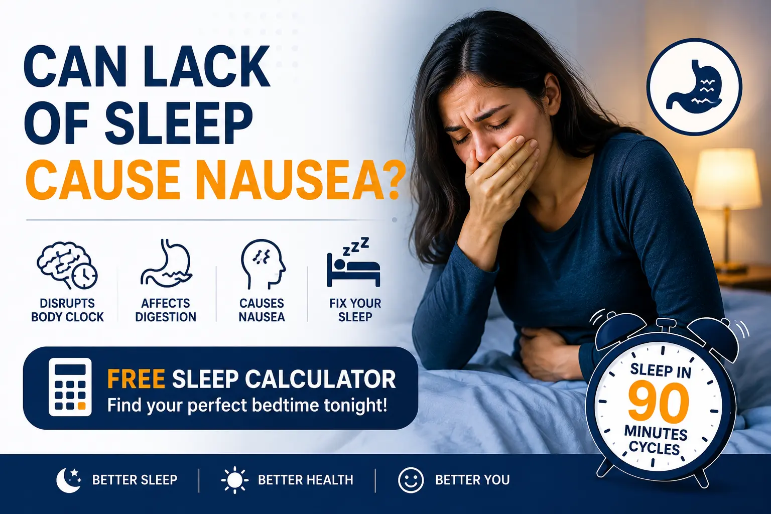 Illustration of sleep deprivation causing nausea and dizziness, next to a free sleep calculator