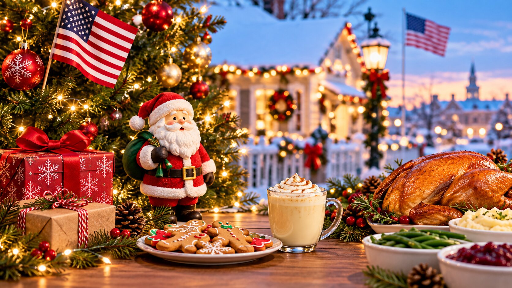 Christmas traditions in the USA showing festive decorations and holiday celebrations