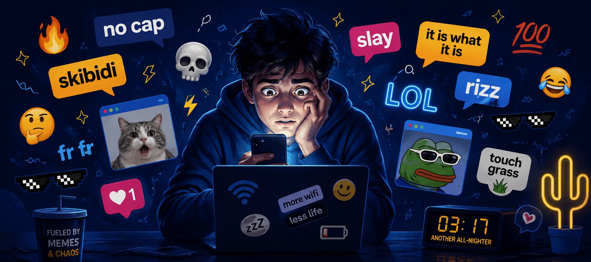 Person surrounded by glowing phone screens and internet slang bubbles, representing being chronically online