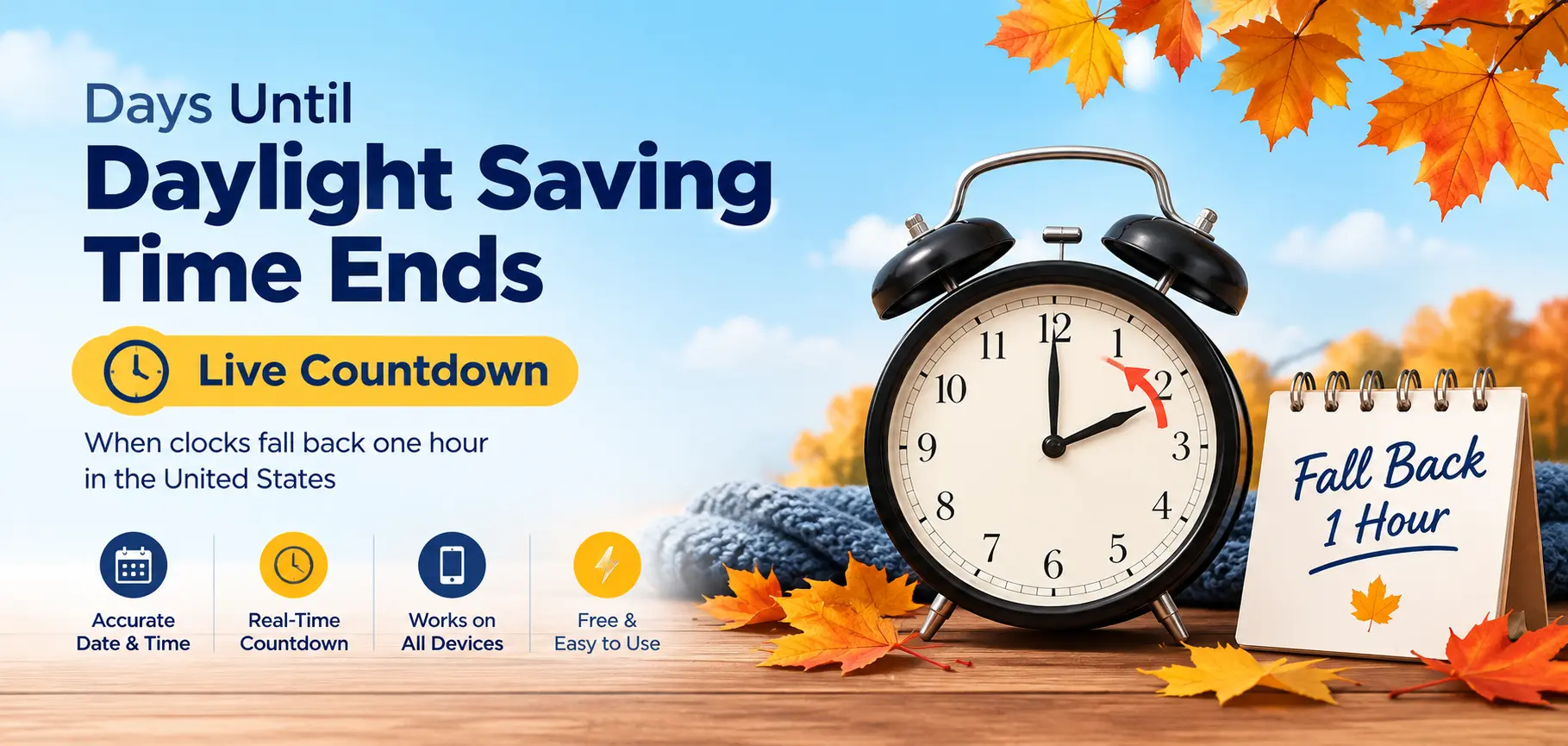 Alarm clock and calendar illustrating the countdown until Daylight Saving Time ends and clocks fall back