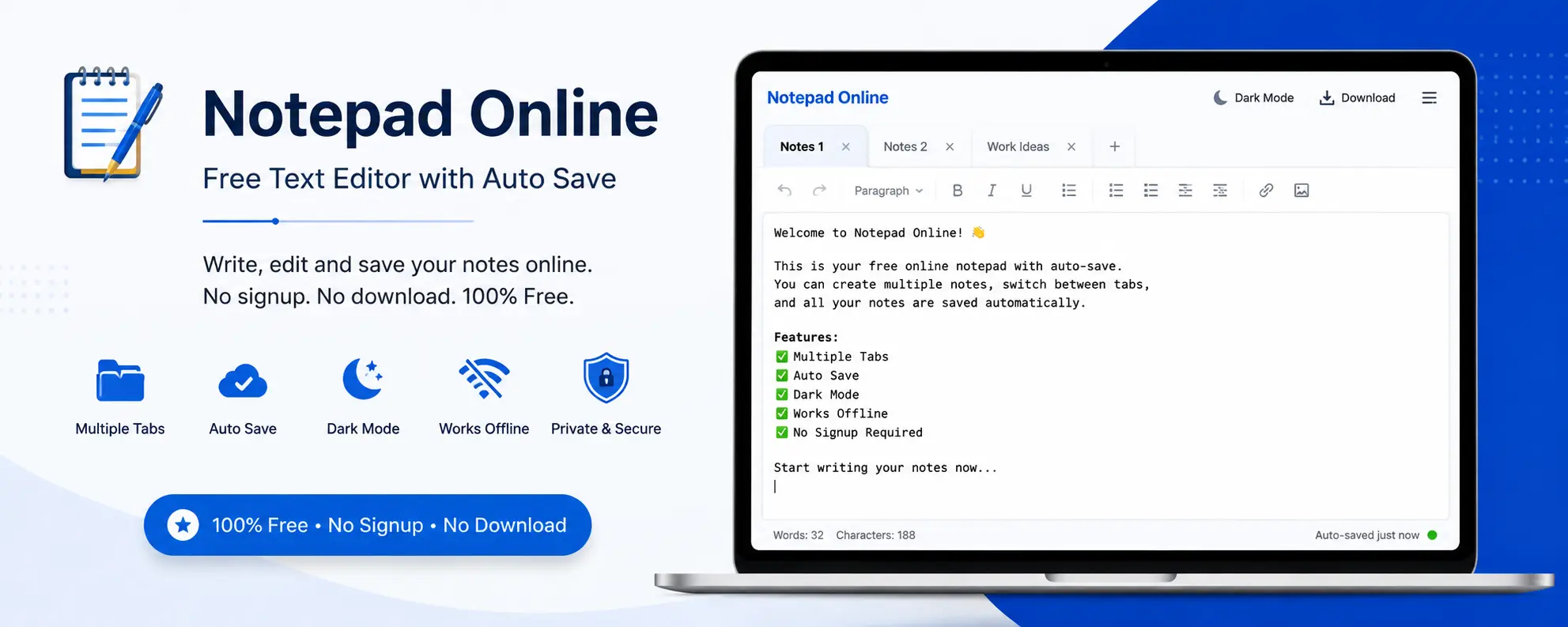 Free online notepad tool - person typing notes on laptop with multiple tabs and auto save feature