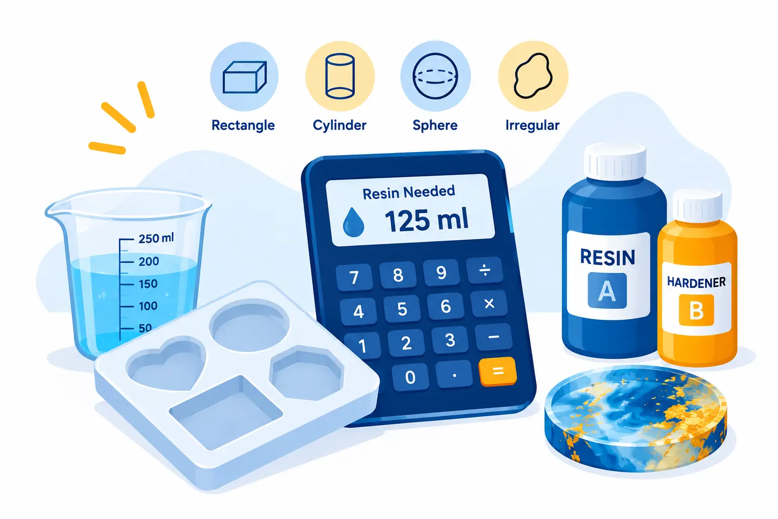 measuring cup and epoxy resin being poured into a silicone mold to demonstrate the resin calculation formula
