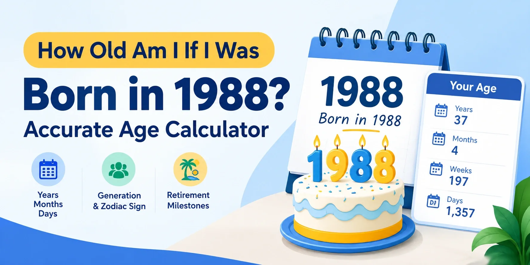 Birthday cake and calendar illustrating age calculation for someone born in 1988