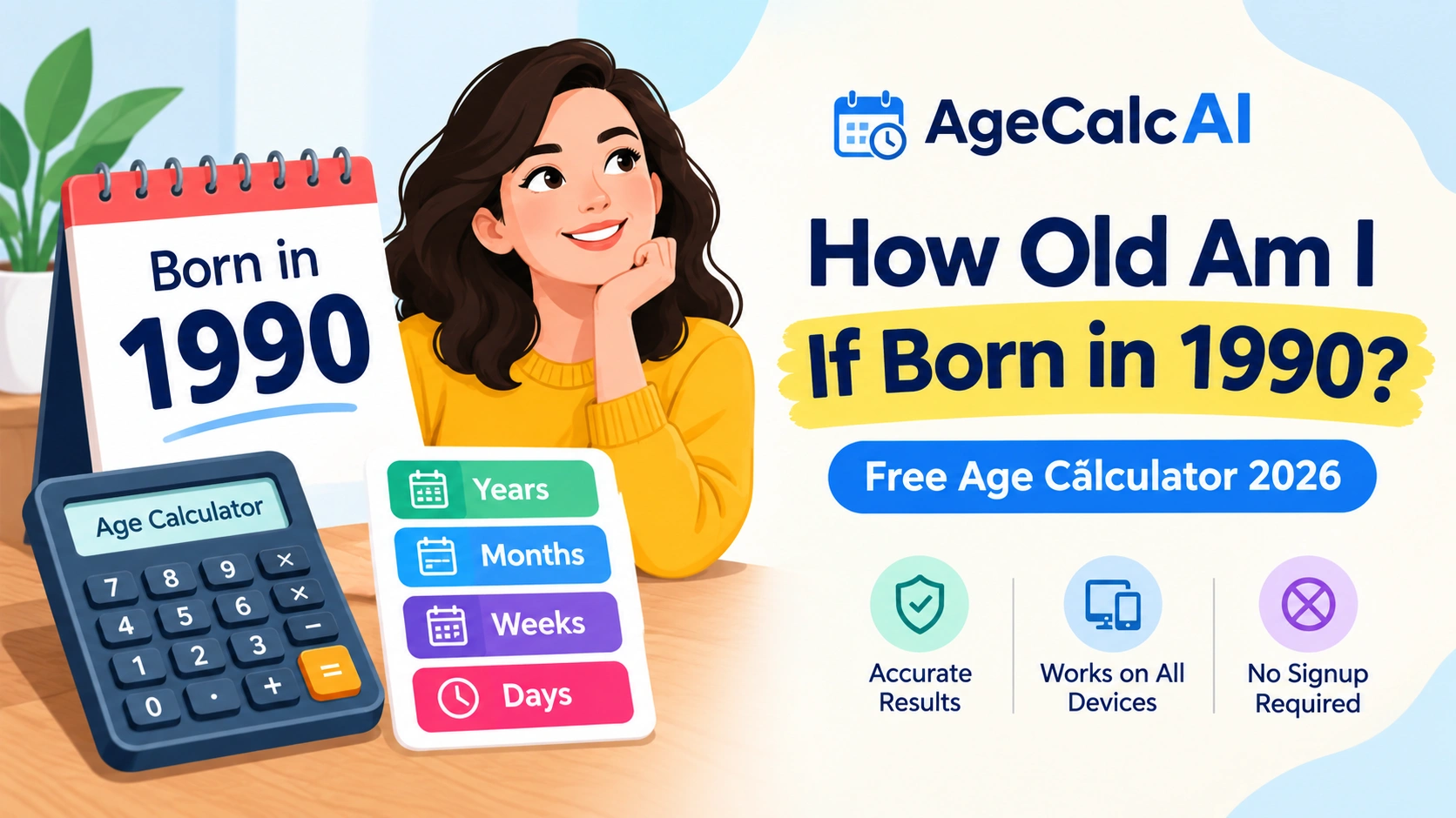 How Old Am I If I Was Born in 1990 - Age Calculator 2026 Blog Thumbnail showing calendar and birthday