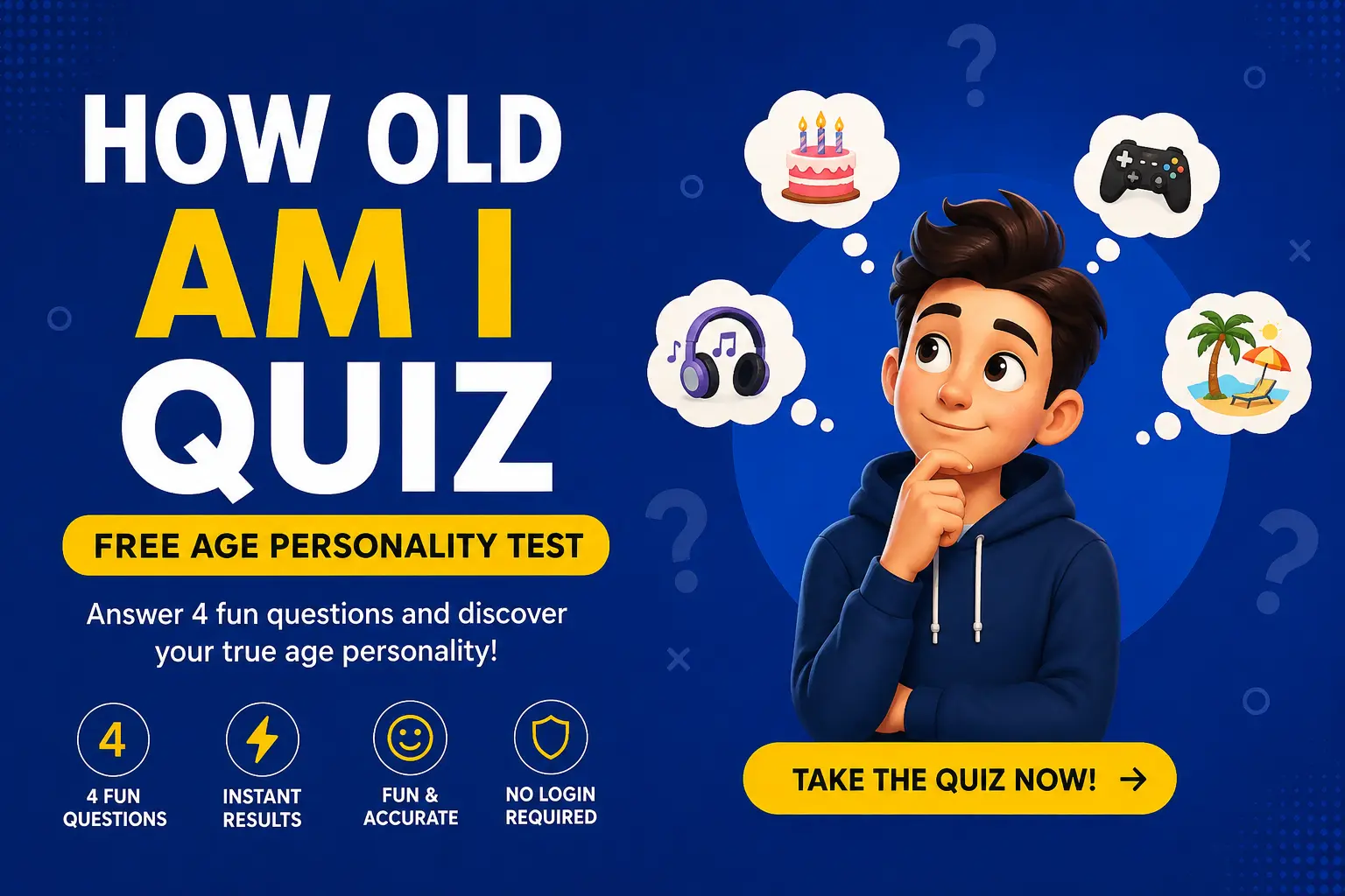 how old am i quiz age personality test with fun question cards on AgeCalcAI