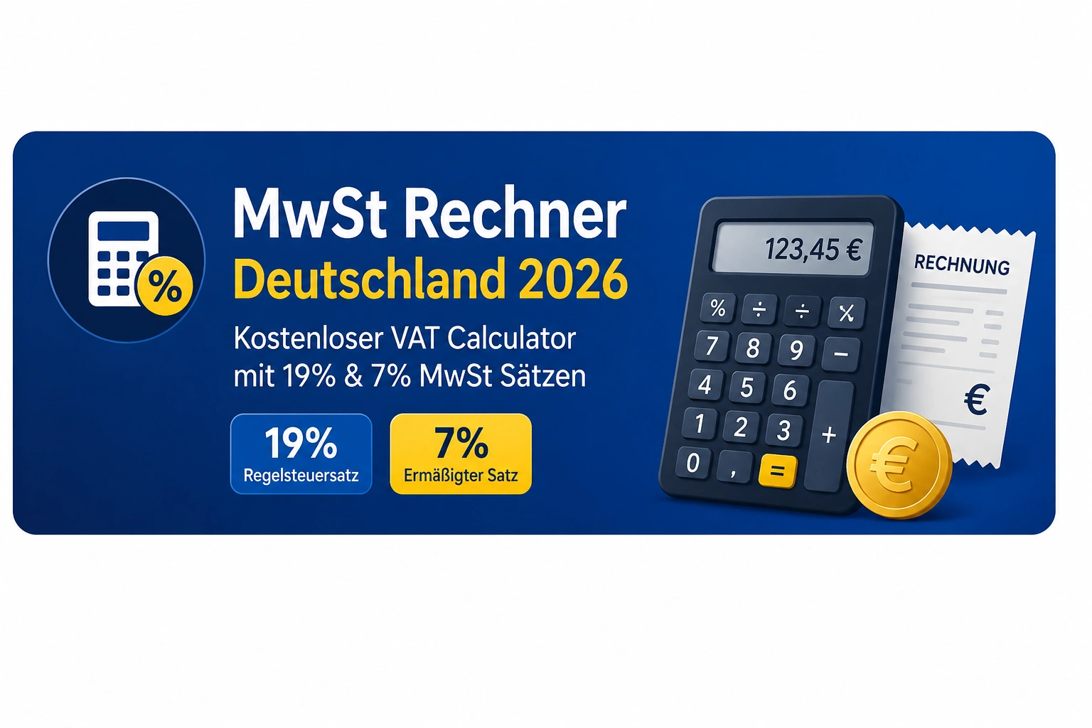 MwSt Rechner Deutschland – VAT calculator showing German invoice with 19 percent and 7 percent tax breakdown