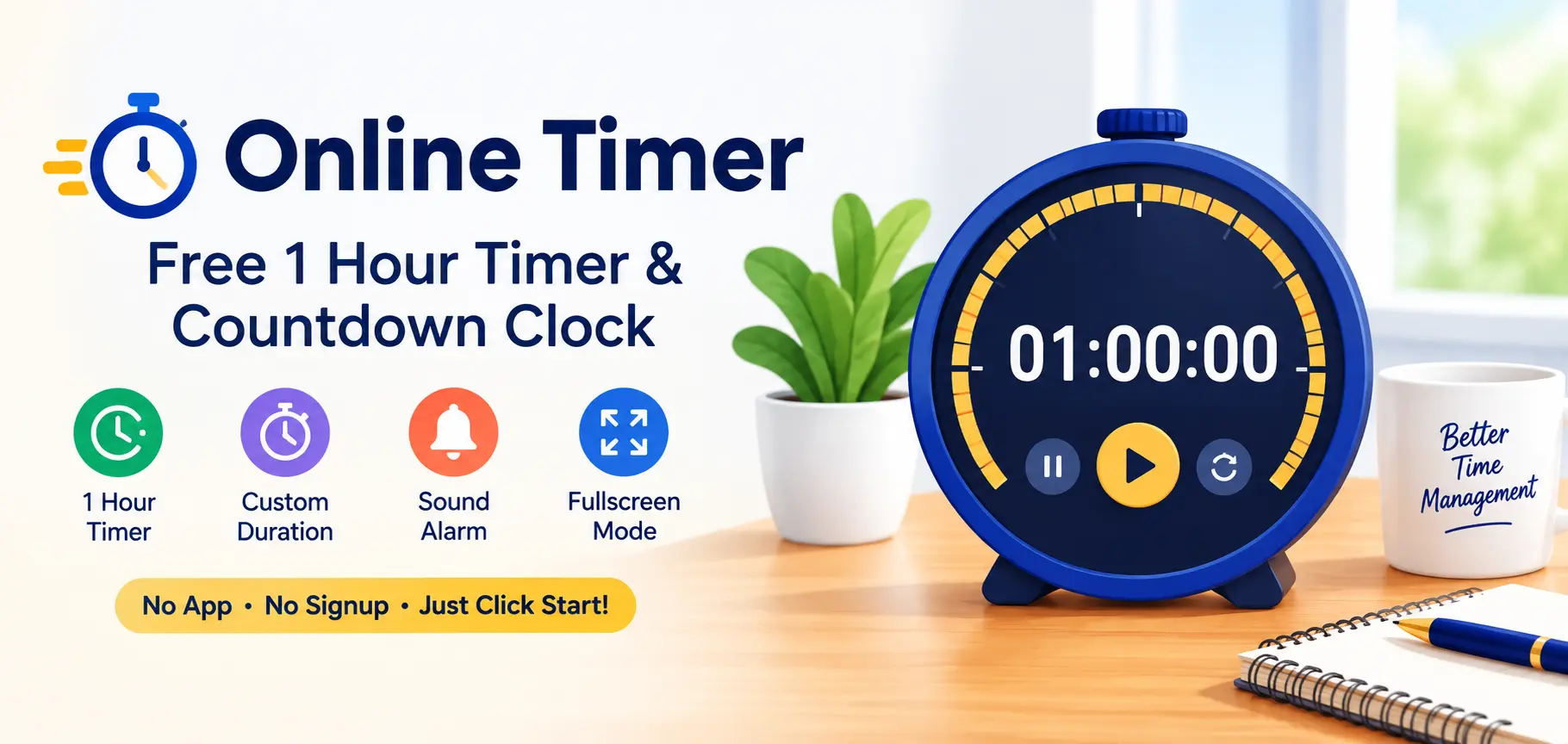 Online timer countdown clock showing a 1 hour timer running on a laptop screen