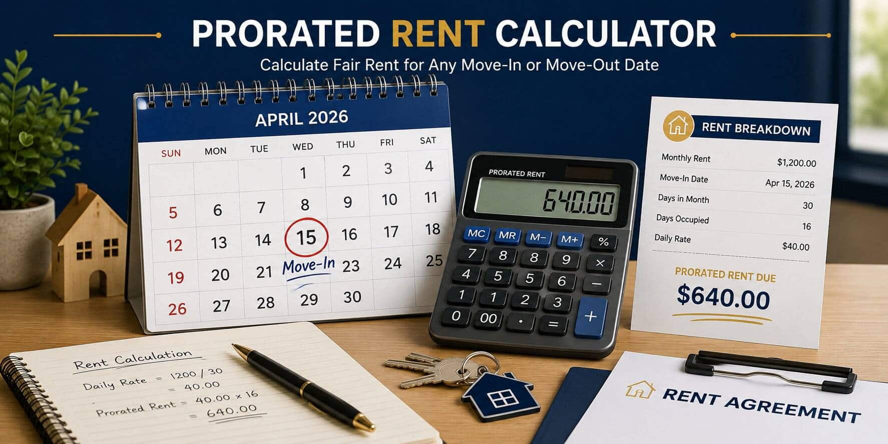 Calendar and calculator showing prorated rent calculation for a mid-month move-in