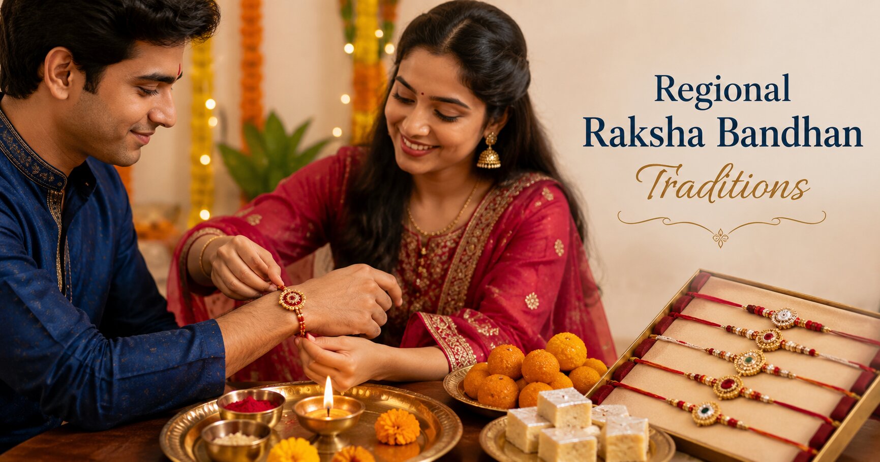 Sister tying rakhi on brother's wrist during Raksha Bandhan celebration with regional thread designs