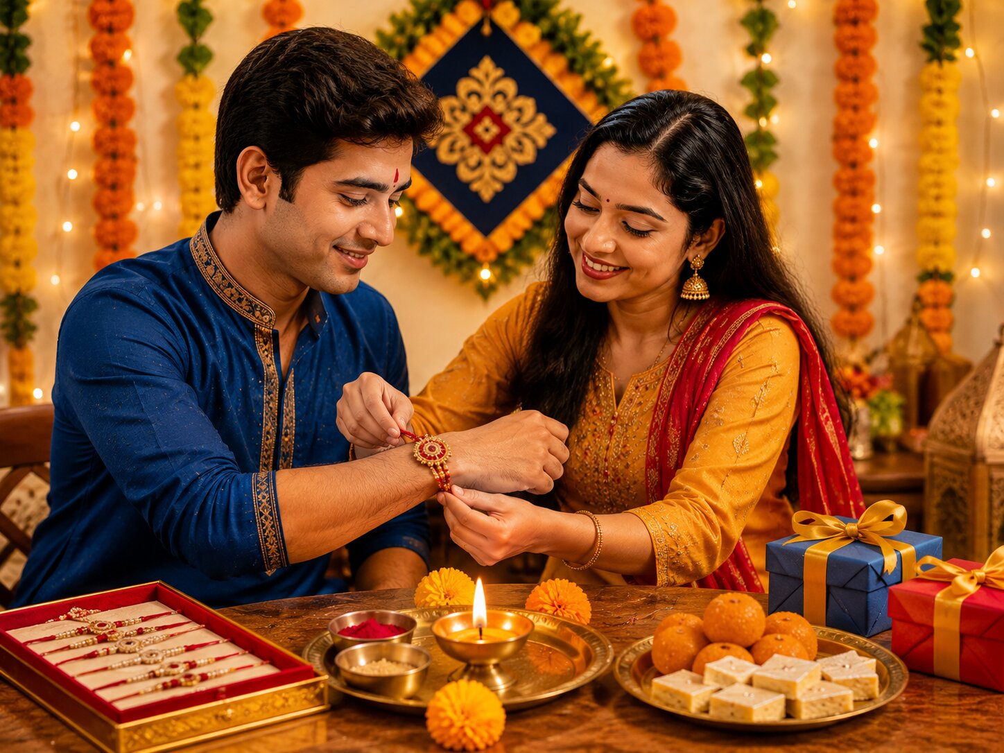 Sister tying rakhi on brother's wrist during Raksha Bandhan celebration with regional thread designs