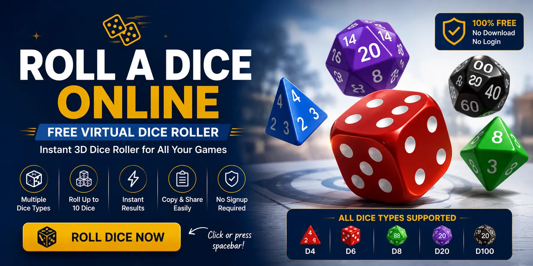 roll a dice online showing colorful polyhedral dice including D6 D20 D8 and D4 used for board games and tabletop RPGs