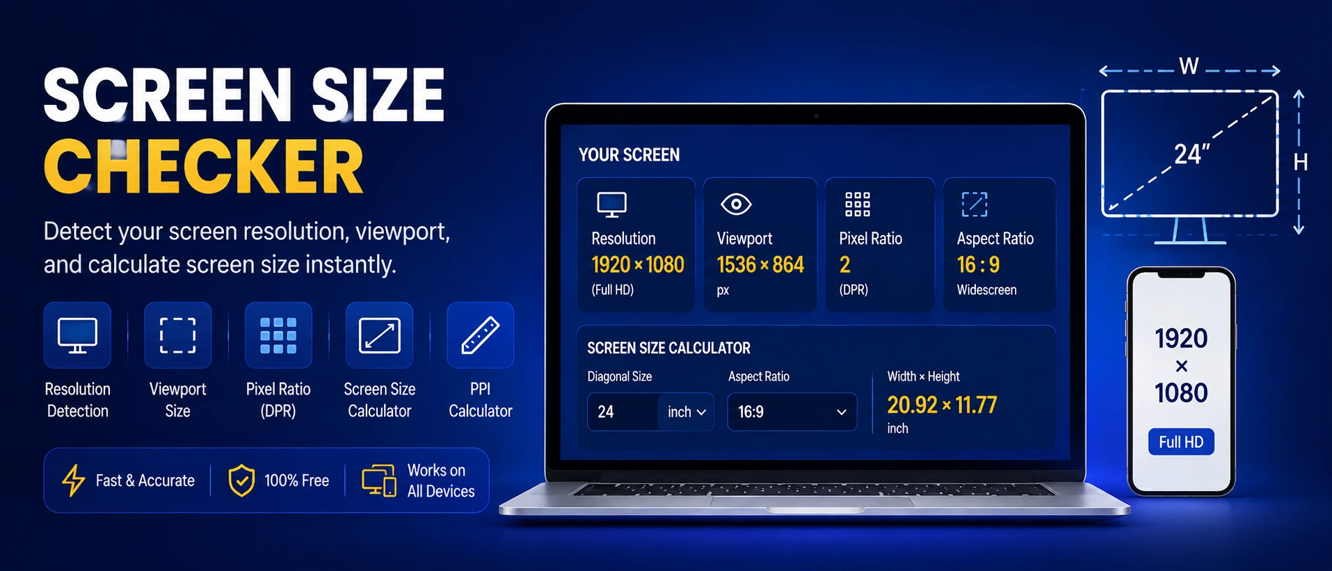 Monitor and smartphone displaying resolution and diagonal measurement icons for a screen size checker tool