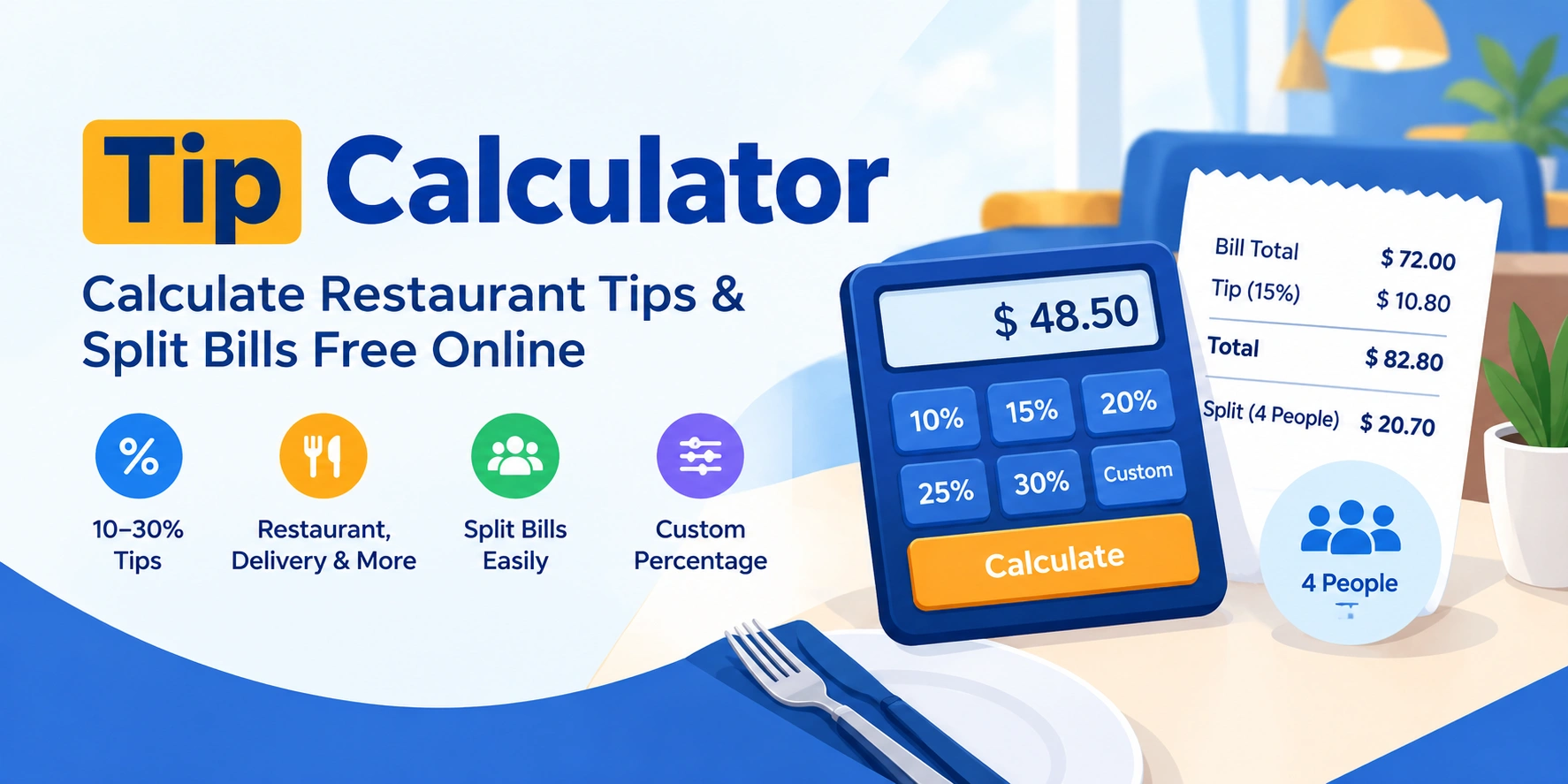 Person calculating a restaurant tip and splitting the bill on a phone