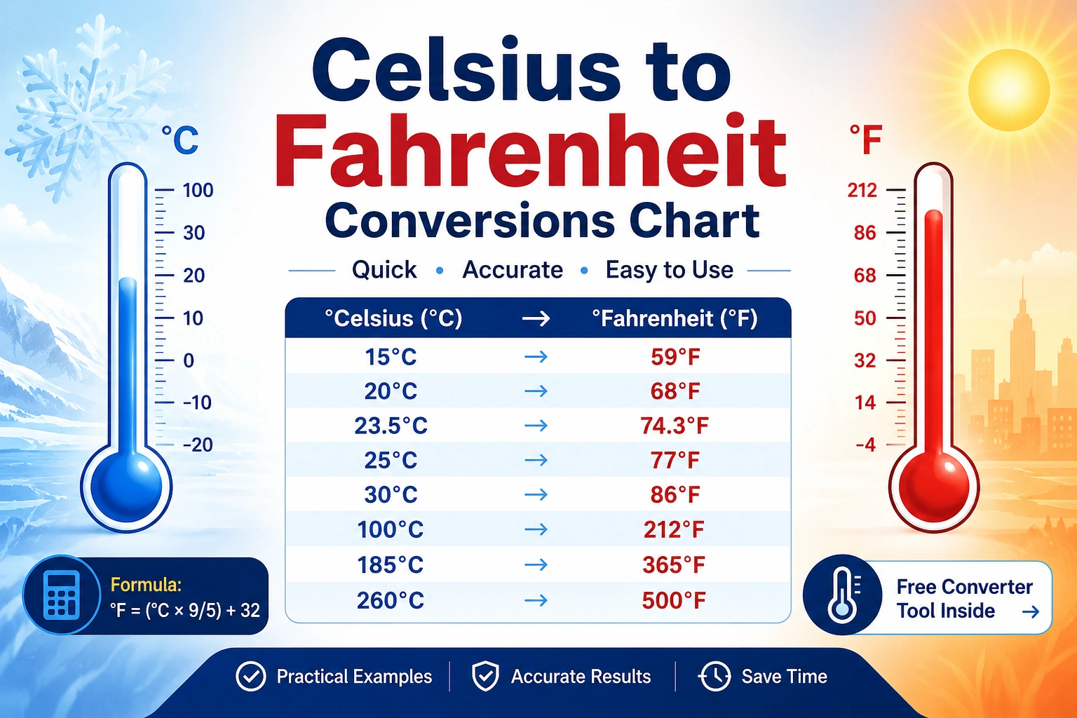 Thermometer beside a Celsius to Fahrenheit conversion chart showing common temperature values
