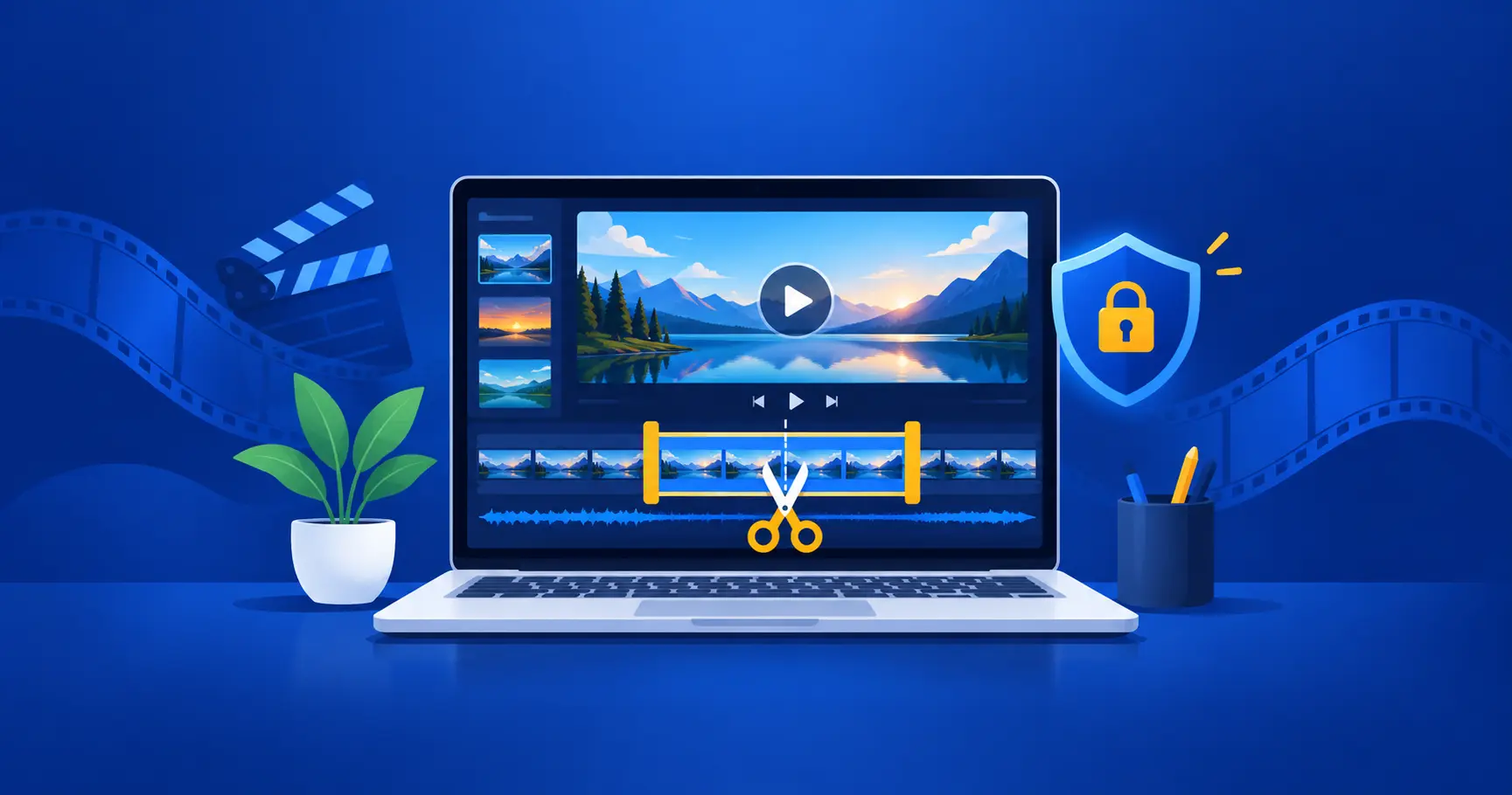 Video timeline with scissors marking the start and end of a clip on a laptop screen
